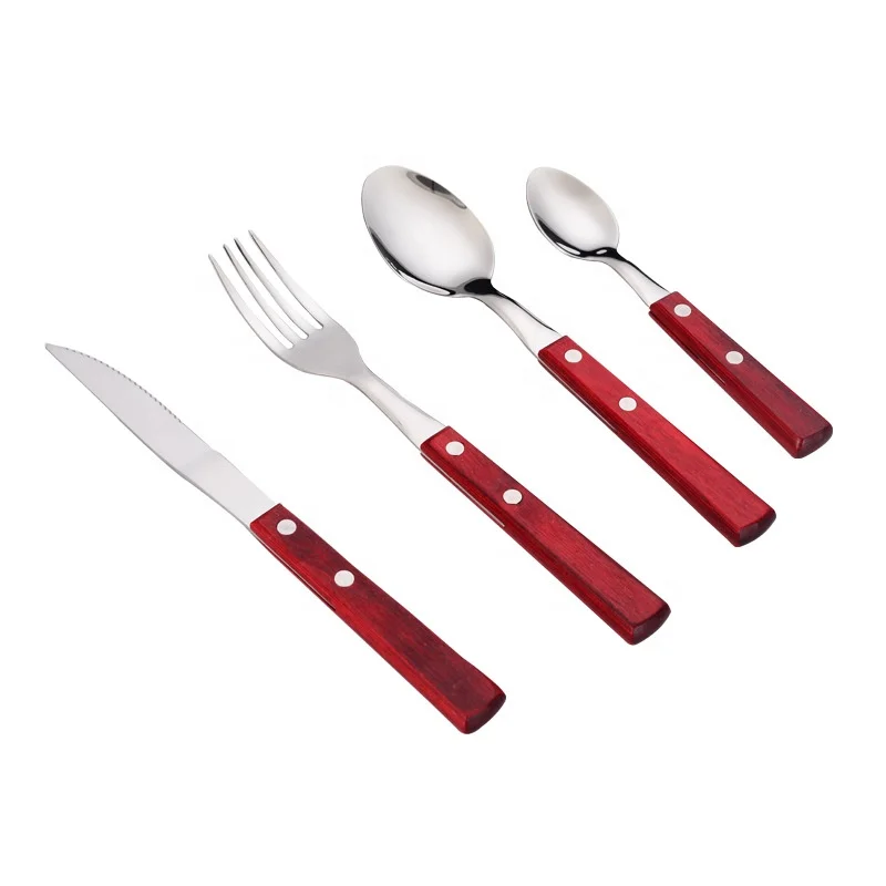 Red color Wooden Handle Flatware Set stainless steel cutlery with wooden handle