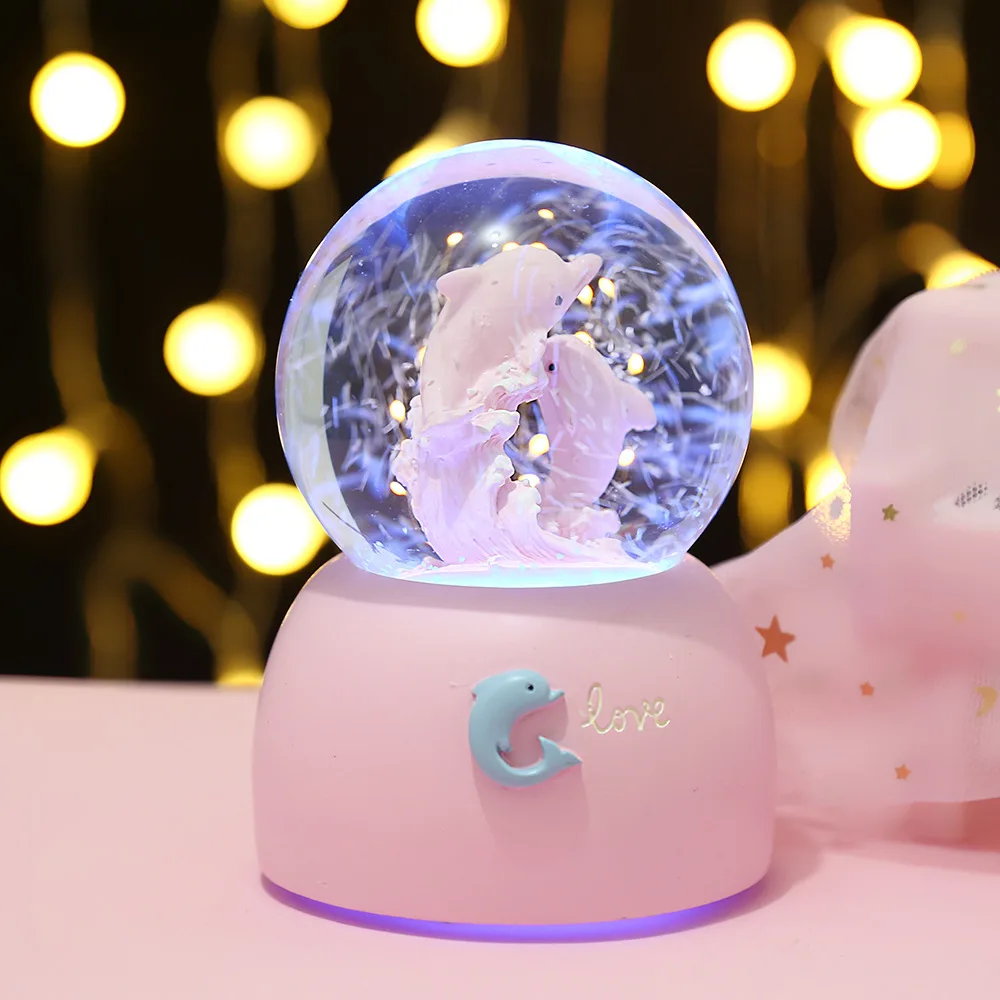 Cute Cartoon Unicorn Crystal Ball with Light Music Box Glass Sphere Resin Crafts Desktop Decoration Ornament Wholesale Gift