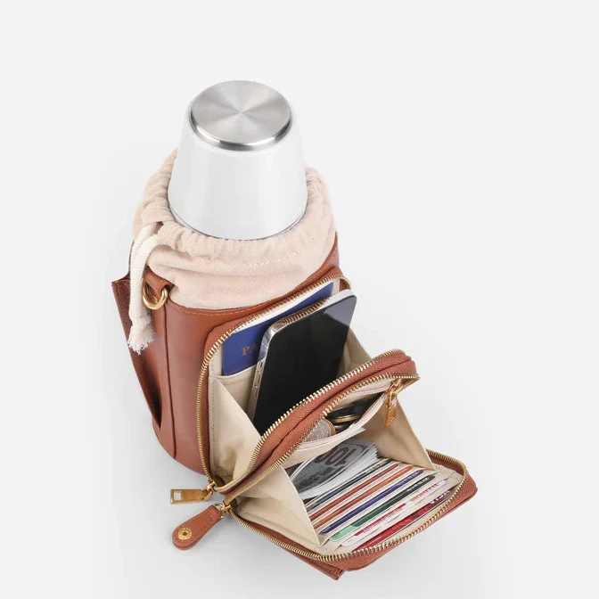 Custom Waterproof Sport Leather Sling Bottle Holder Handbag Drawstring Water Bottle Crossbody Purse Bag With Pocket