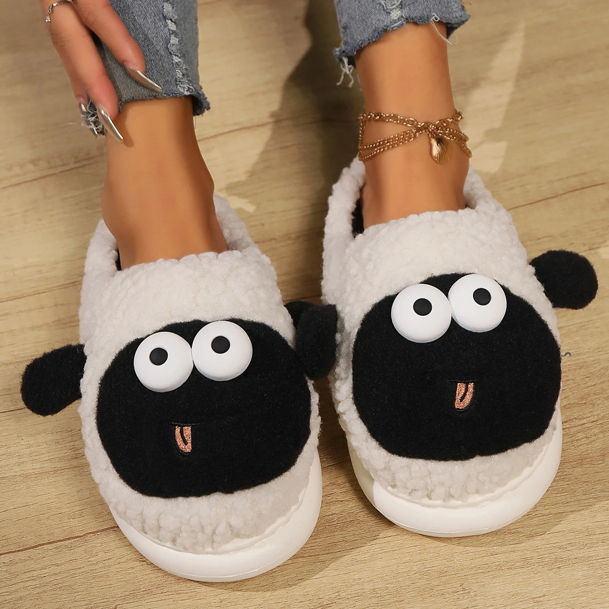 Improved Version Women Shoes Sheep Thicken Sole Winter Indoor Home Slides Non-slip Kitty Cat Cute Girls Fluffy Slippers Warm