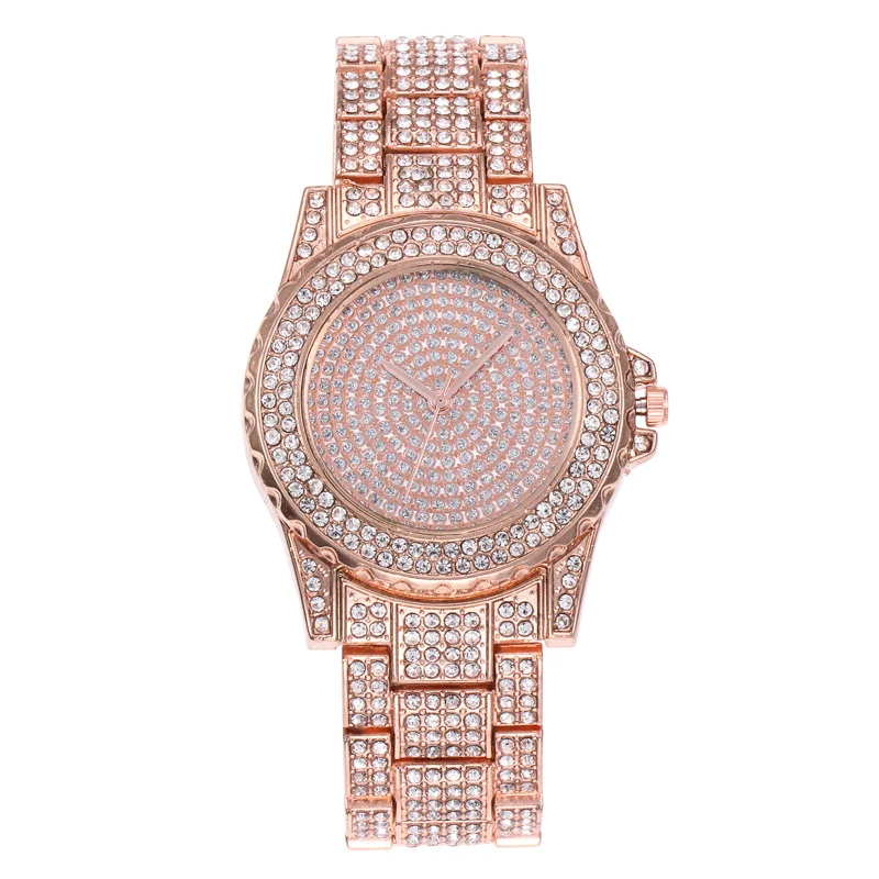 
Charming Rose Gold Plating Diamond Alloy Band Wrist Bracelet Watches For Ladies Shining Dial Iced Out Quartz Watches For Sis 