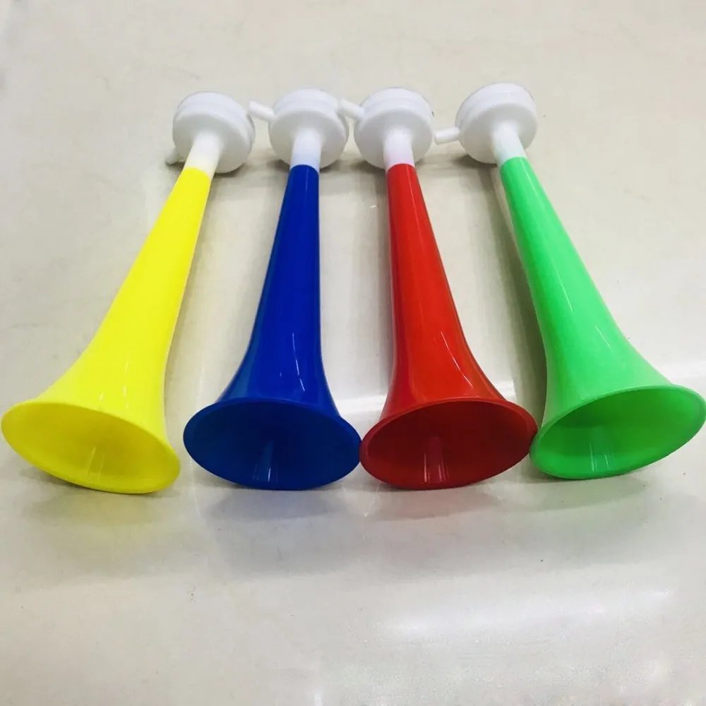 
China factory good plastic cheering horn, yellow blue red green toy football fans cheer 1 segment trumpet with without cap 