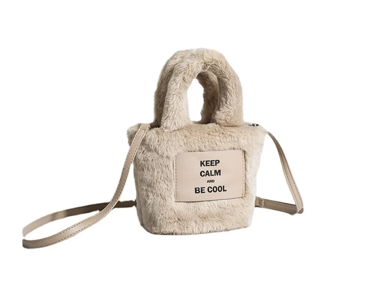 Korea Luxury Winter Women Small Plush Soft Faux Fur Tote Handbags Velvet Fluffy Bucket Shoulder Bag