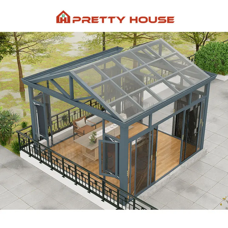 Customized Outdoor Veranda All Season Flat Freestanding Sunrooms Glass Houses Aluminium Slant Sun House