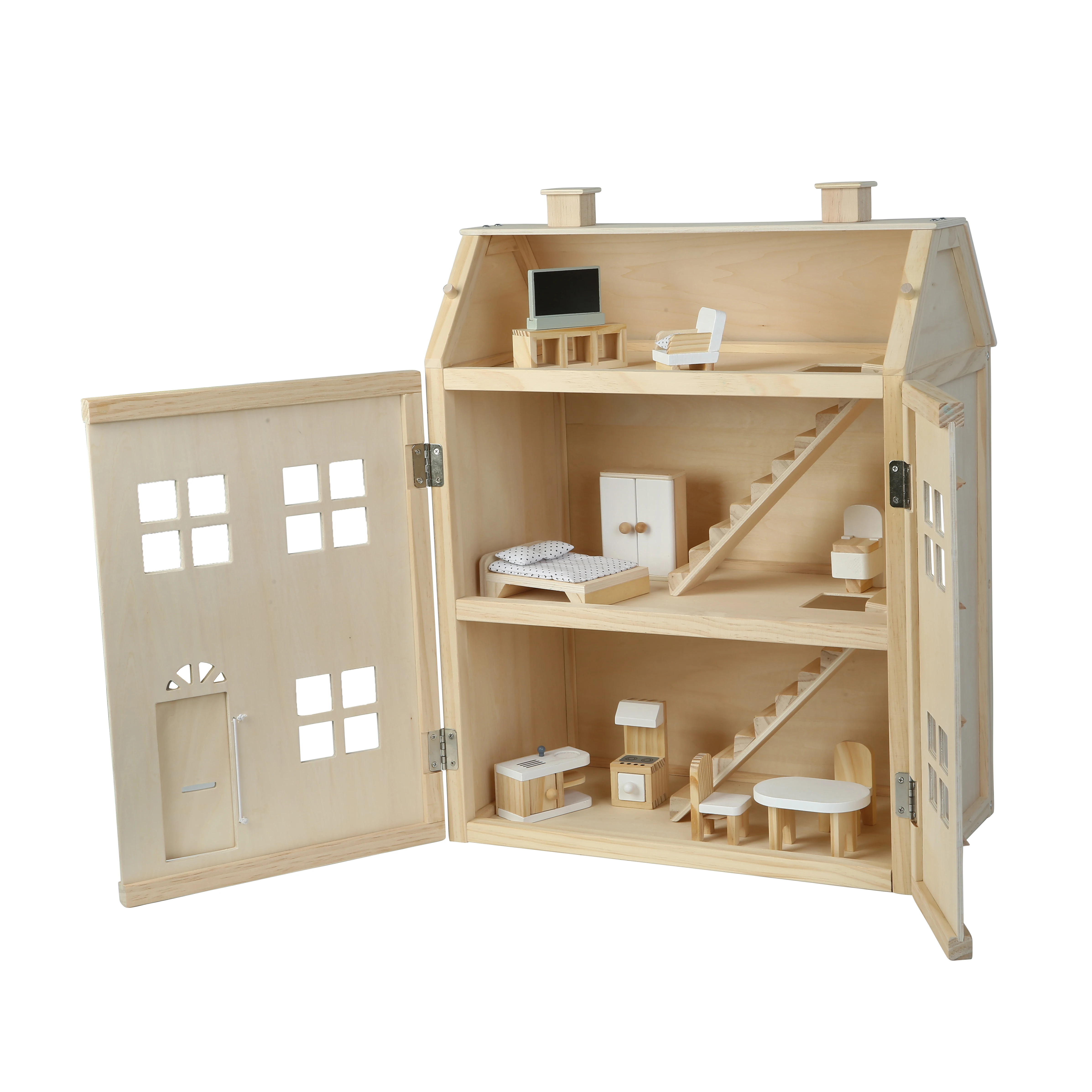 Montessori Toys Natural Wooden foldable Doll House for Toddler Dollhouse Toys