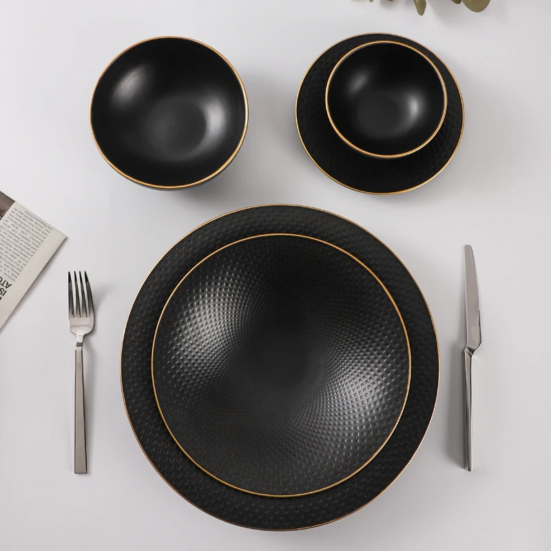 Black Color Glazed Bone China Ceramic Restaurant Dishes Dessert Fruit  Food Plate, Plates Set Dinnerware