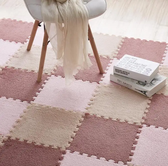 Wholesale interlocking puzzle floor mat Eva pile plush puzzle carpet hairy rug washable baby play plush puzzle foam floor mat