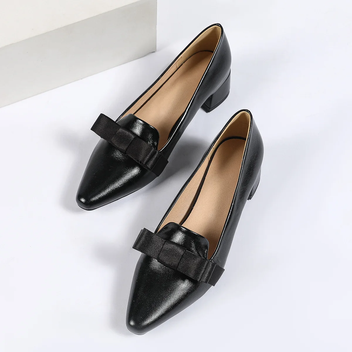New Summer Women Black Leather Shoes Mary Jane Shoes Thick Heel Custom High Heel Women Pumps Shallow Office Heels PU Rubber