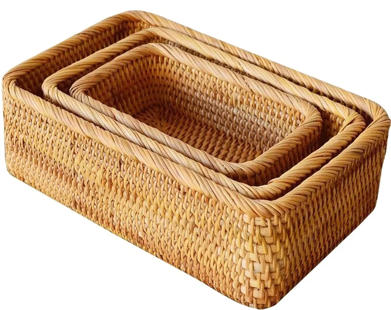 Fashion Natural Rattan Square Hand-Woven Tabletop Sundry Kit Rattan Woven Storage Box
