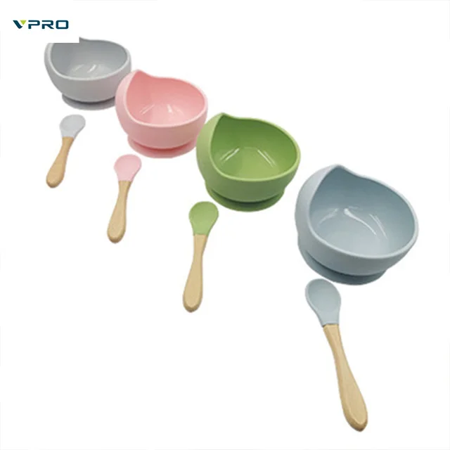 Wooden Handle Spoon Infant Feeding Accessories Spoon Silicone Tableware products Baby Soft Silicone Spoon Feeding Set Kid Dishes