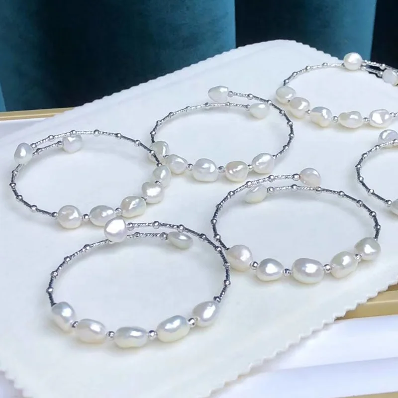 Cheap stretch girl genuine fresh water 9-10mm nice nugget irregular pearl bracelet