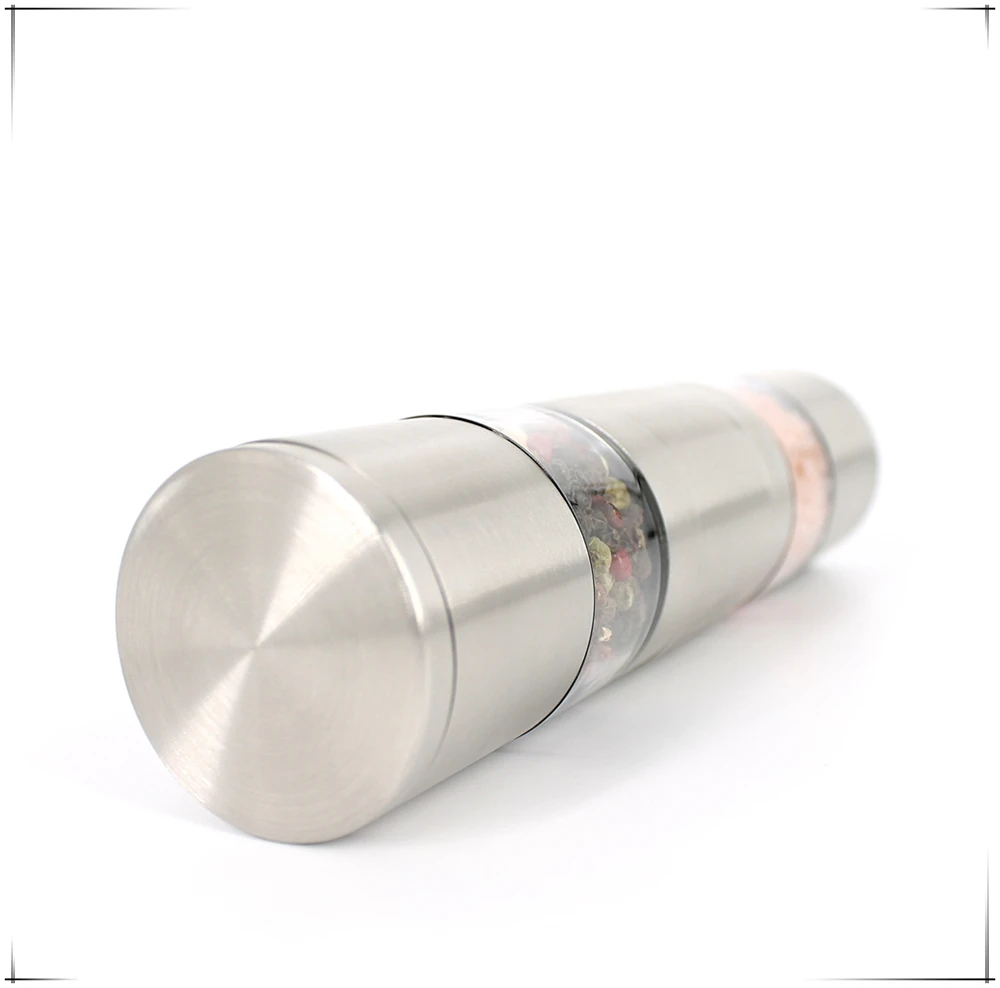 2-in-1 Dual Manual Salt and Pepper Mill Double-Ended Design with Metal Ceramic Plastic Materials Boxed Home Use Handle Style