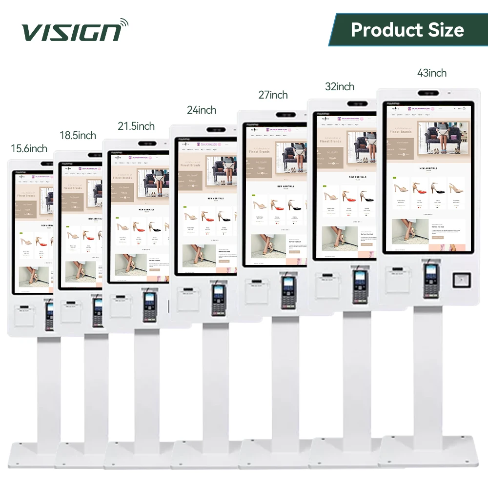 VISIGN standing payment kiosk 18.5 21.5 inch touch screen provided ordering software Printer Scanner NFC self ordering terminal