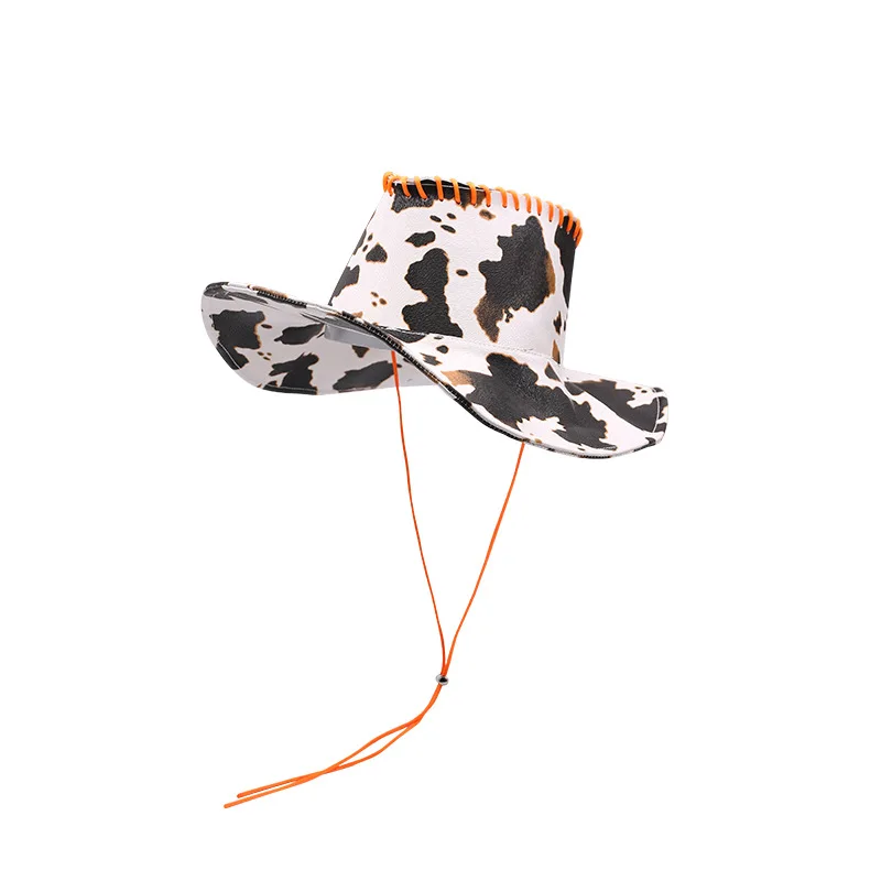 hot Wide Brim Faux Leather PU Black White cow pattern Travel Cap western buy Cowboy Hat for Women Spice Girl
