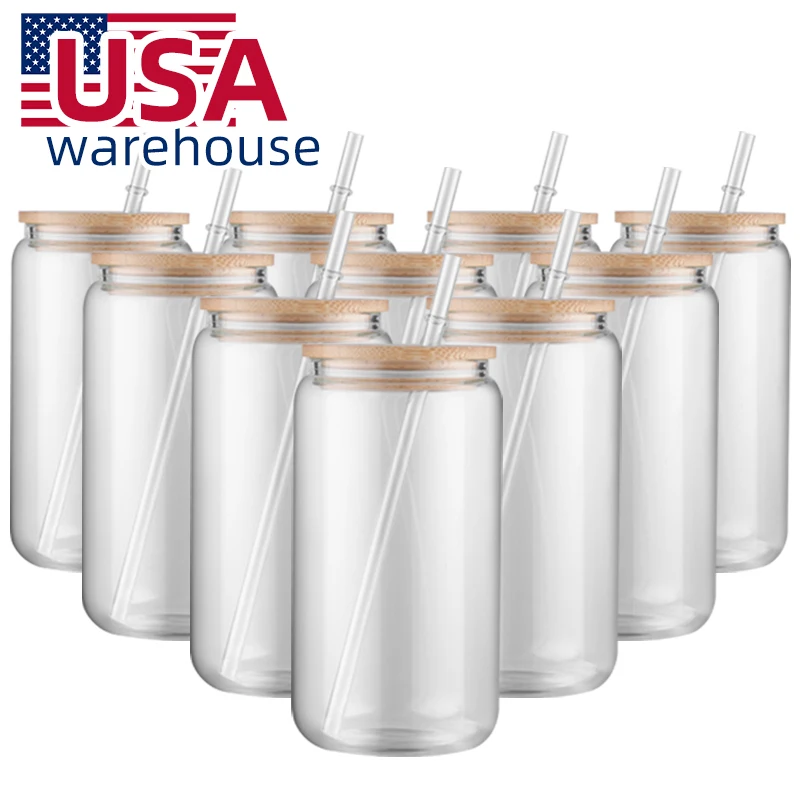 US Warehouse 16oz Frosted Glass Sublimation Tumbler Glass Can With Bamboo Lid And Straw