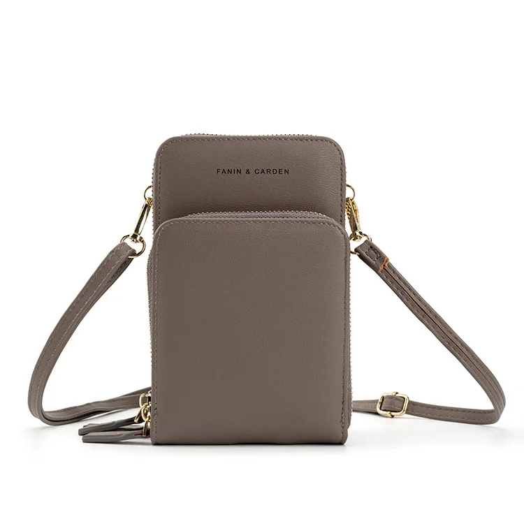 Fashion High Quality Smooth Gold Zipper Cellphone Shoulder Bag Lady Pu Leather Crossbody Cellphone Bag