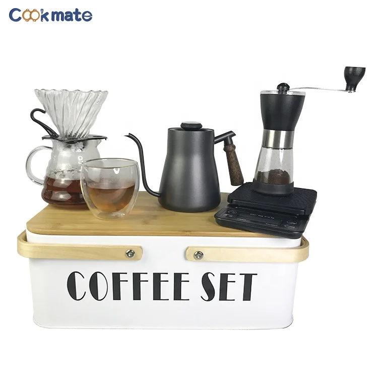 V60 steel black coffee tools set with bamboo lid timer grinder coffee kettle filter paper made in COOKMATE
