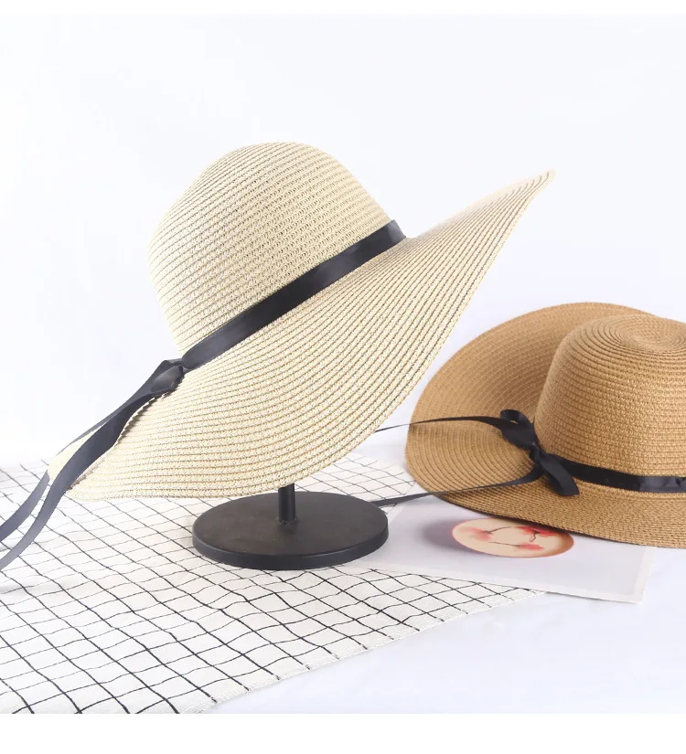 Cheap  Wholesale Broad Brim Beach Hat Adults Women Sun Paper Summer Straw Women Floppy Straw Hats