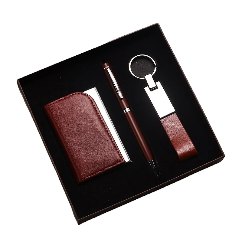 promotional 3 in 1 card holder + pen + Key chain corporate gift set luxury promotional personalized gift sets