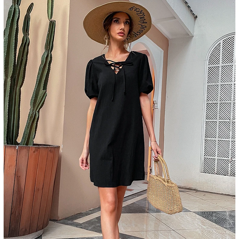 High Quality Cotton Linen Loose Black Mini Dress Short Sleeve Casual Dresses For Women vestidos mujer