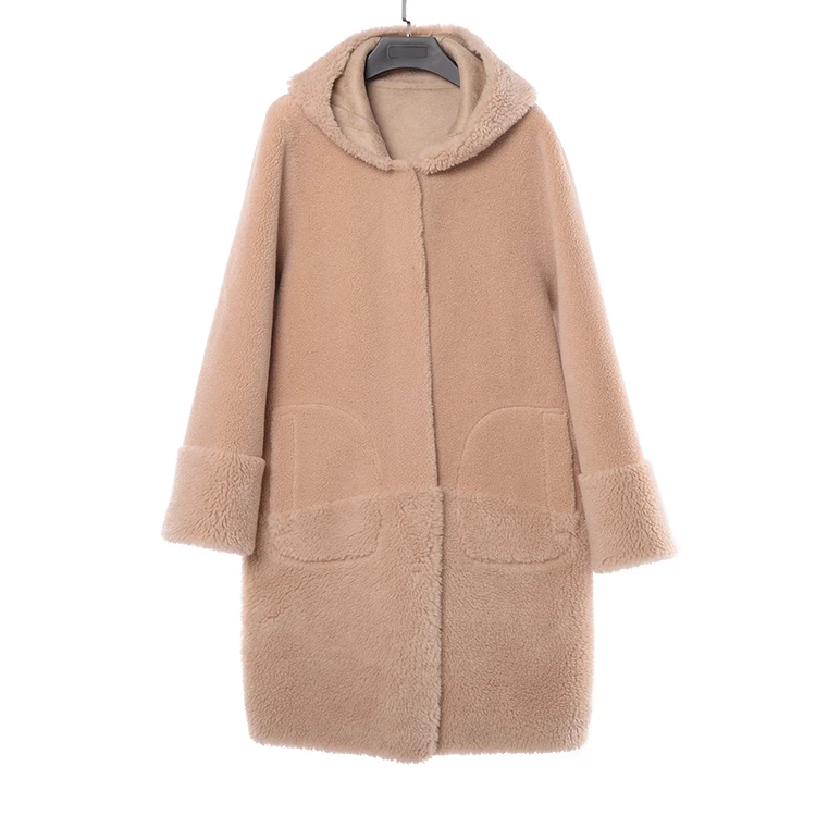 New product JTF women wholesale ladies  eco woolen winter lamb fur suede shearling with hooded wool coat