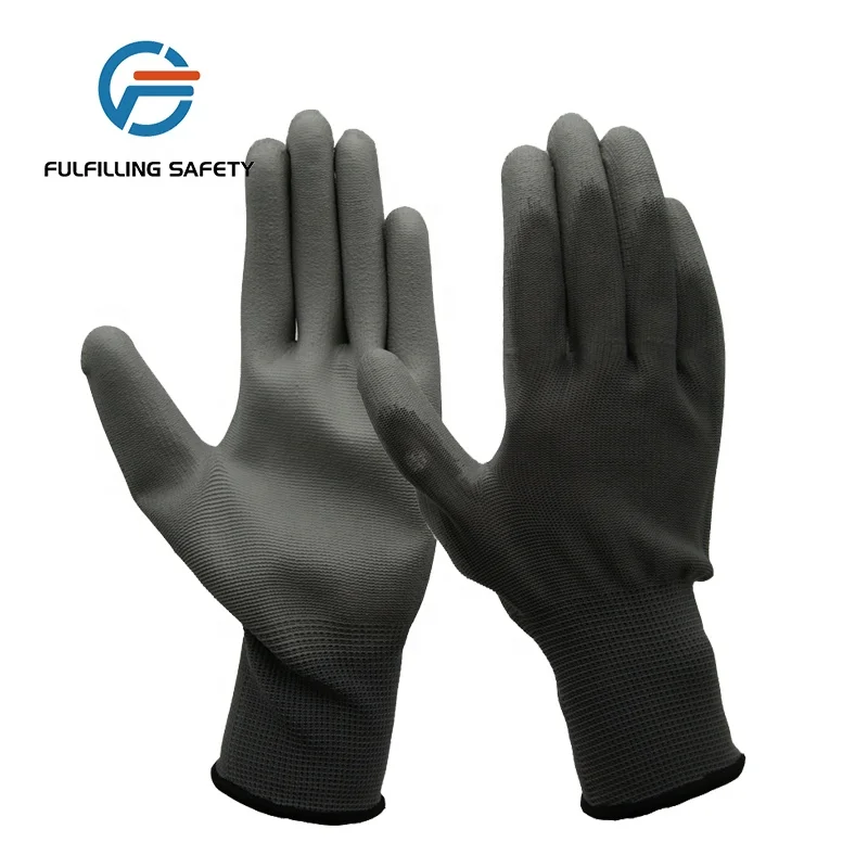 Working safety gloves polyester pu glove black nylon pu safety work gloves