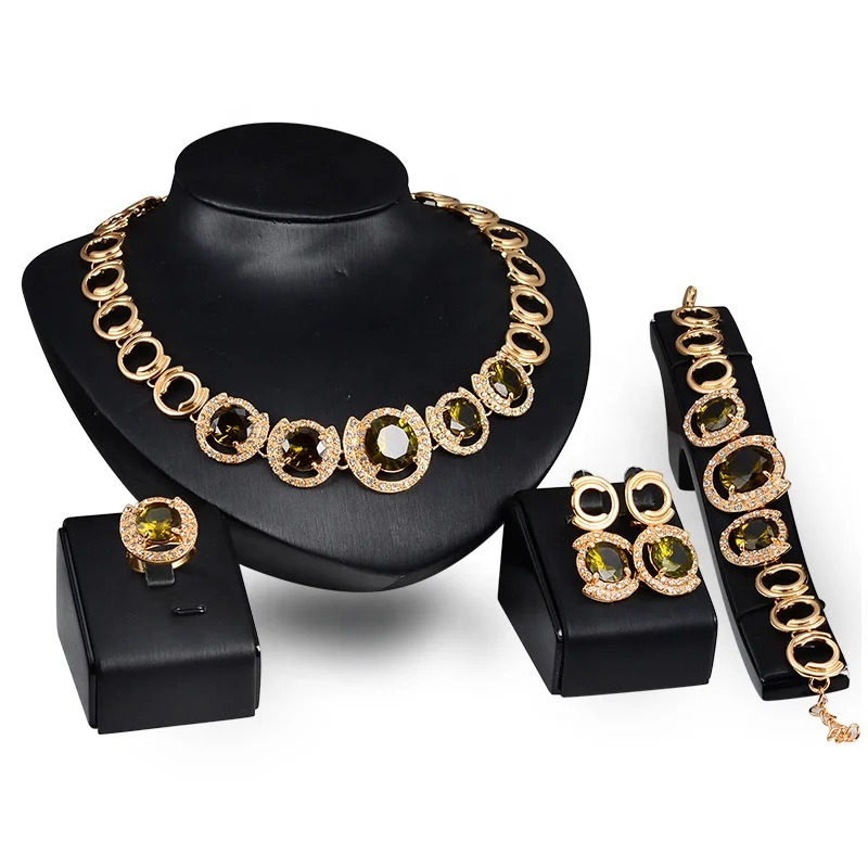 Luxury Jewelry Set Women Hoop Gem Rhinestone Necklace Bracelet Ring Earrings Pendant Jewelry Set