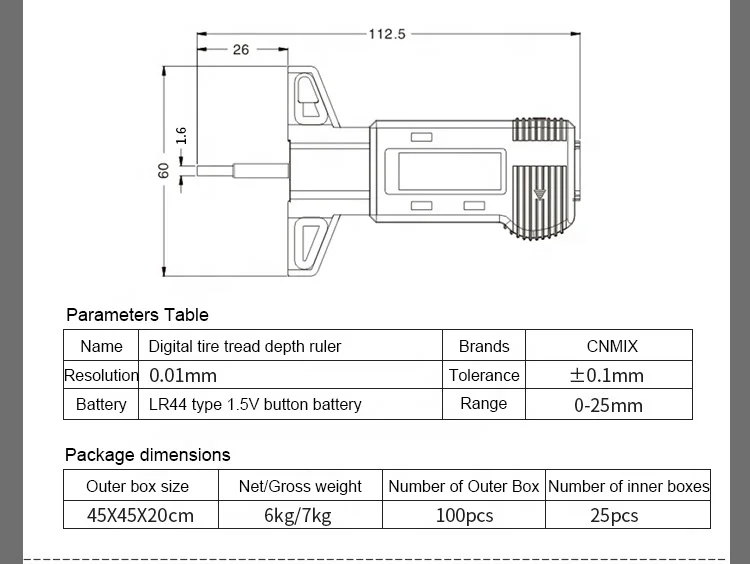 New Electronic Digital Display Tire Depth Ruler 0-25mm Depth Vernier Caliper Tire Ruler