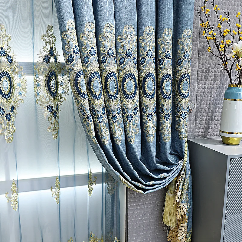 Fabric Curtains Designs Luxury European Elegant embroidered Curtains Living Room With Attached Valance