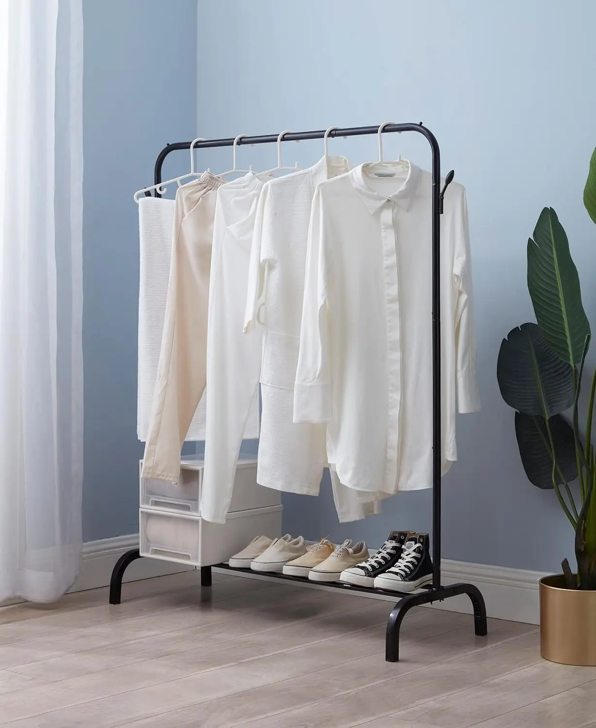 Black Garment Rack with Storage Shelves and Coat/Hat Hooks Indoor Freestanding Steel Clothes Rack for Bedroom or Living Room