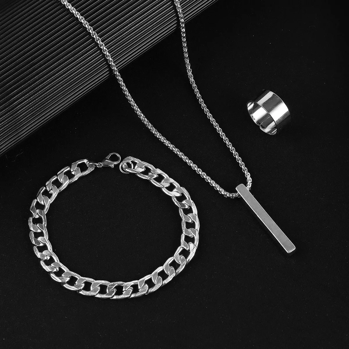 Оптовая продажа черный серебряный золотой хип-хоп кубинское колье цепочка браслет кольцо набор из 3 предметов мужской крест ожерелье комплект украшений