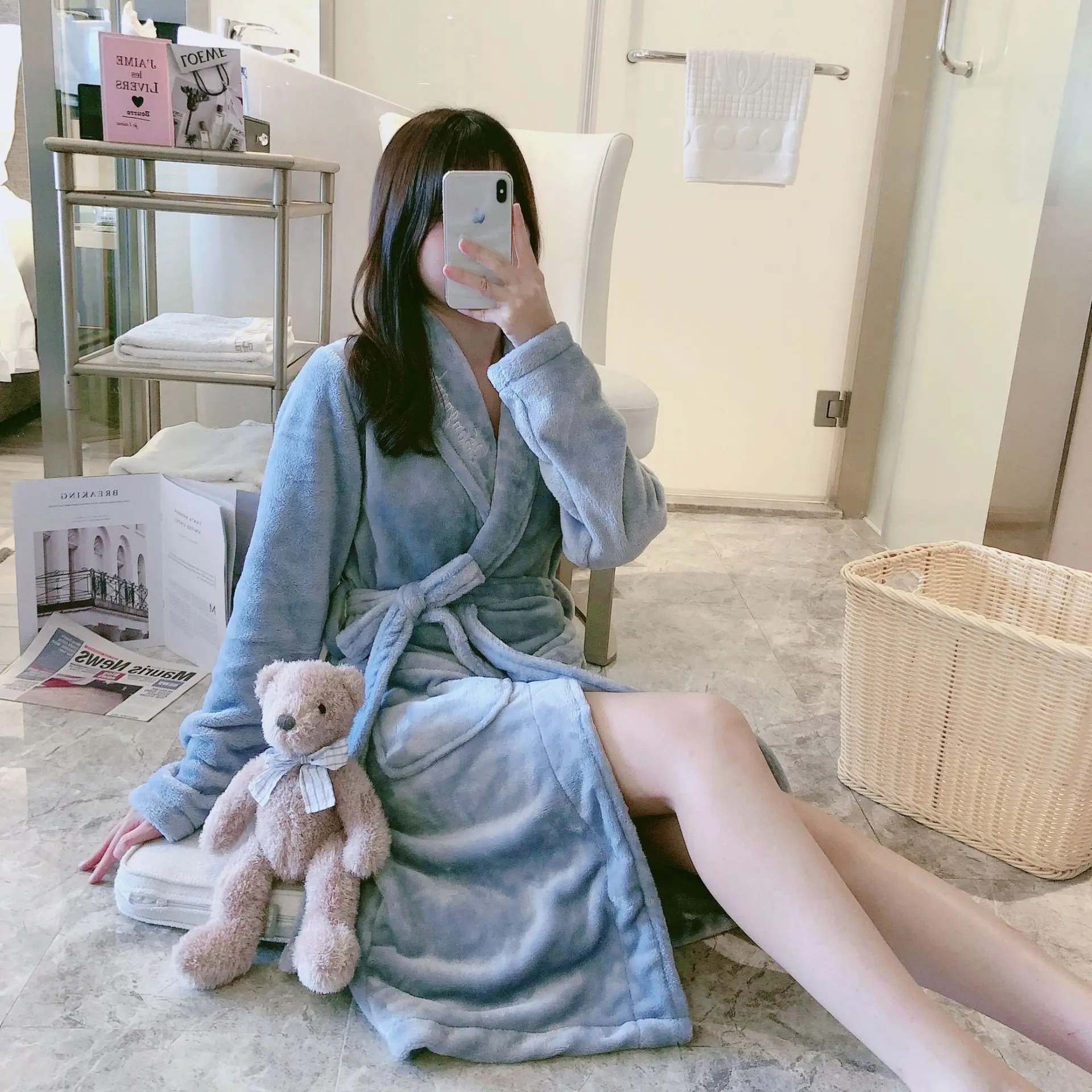 
Good price winter women flannel plus velvet thickening simple pure color bathing home service bathrobes 