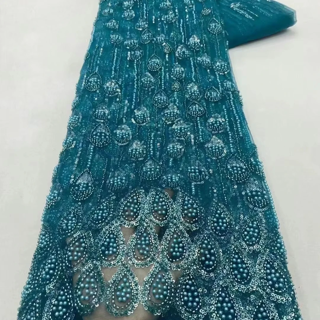 High end luxury African lace fabric beads pearls fabric cross-border French wedding dress bead tube embroidery fabric