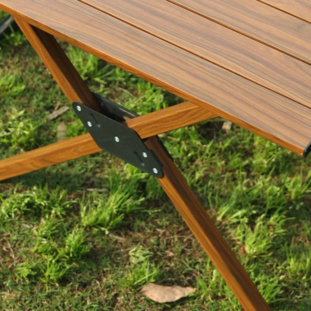Outdoor Wood Color Aluminum Portable Rolling Table Folding Picnic Camping Table with Three Legs