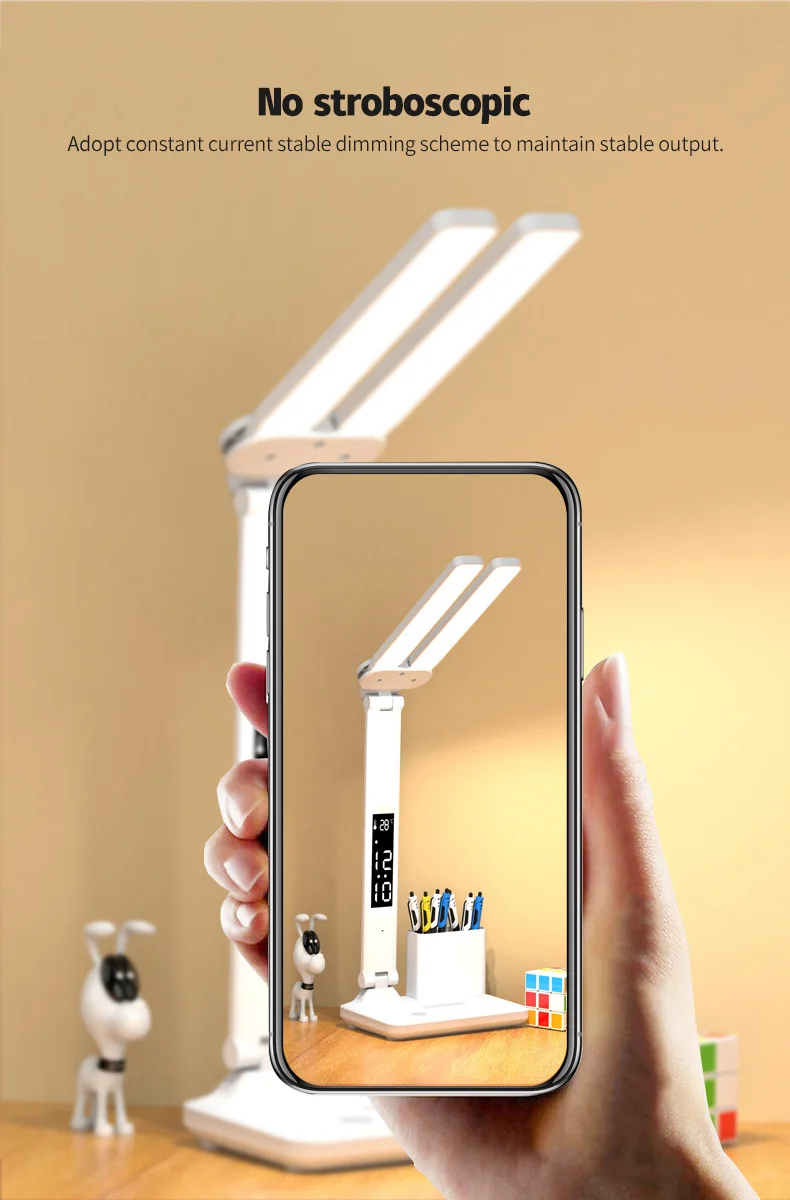 Double head Clock Time Calendar Pen Holder Eye Protection Folding  LED Table Lamp For  Reading Learning Dormitory Charging