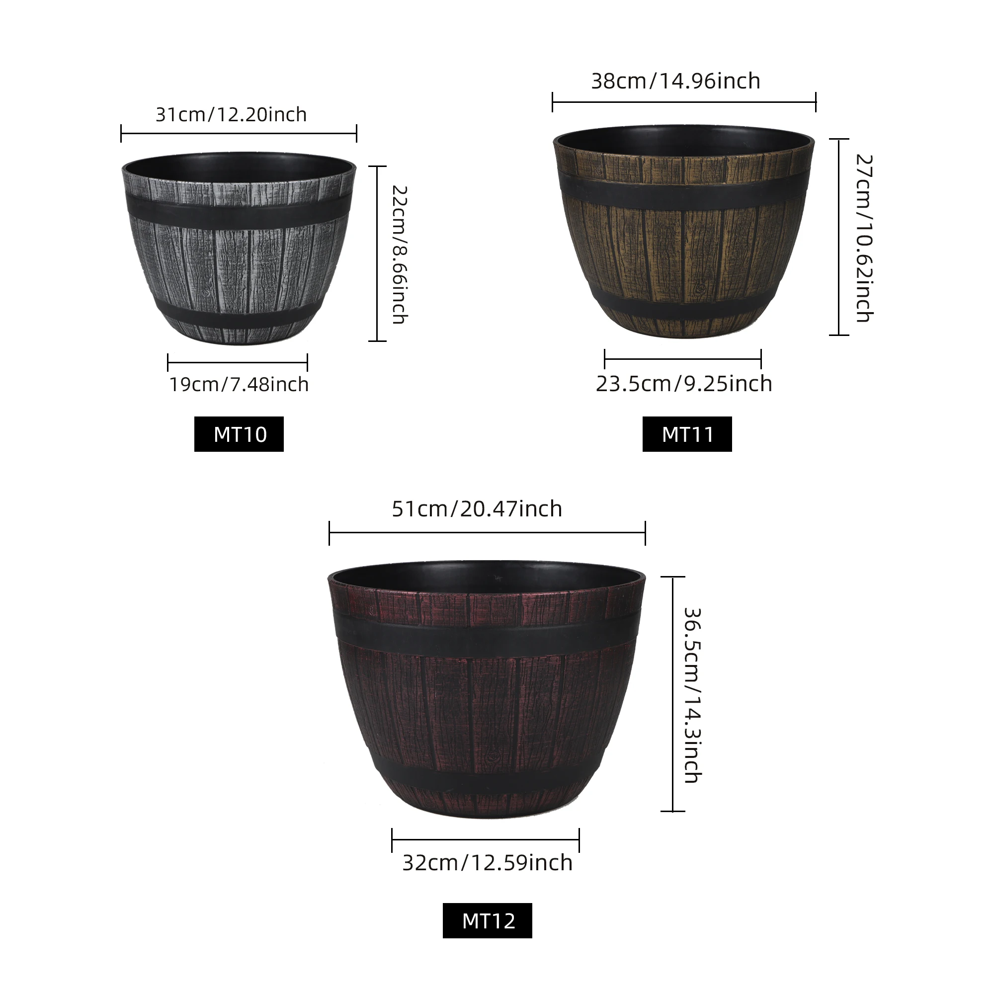 HUAZHIAI Factory Directly Supply Durable Whisky Barrel Wooden Style Planter Classical Black Plastic Plant Pots Home Desktop Use