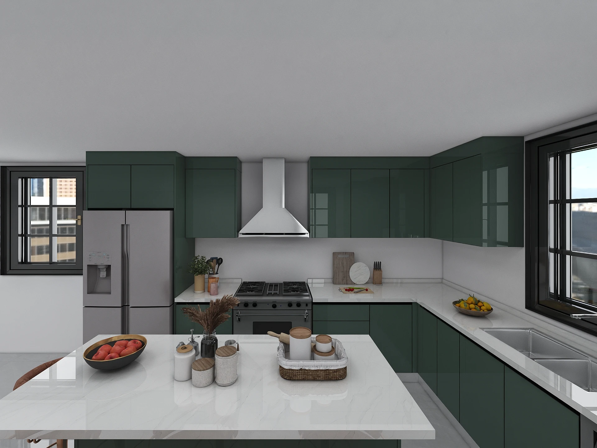 Luxurious Classic Stainless Steel Custom Design Marble Island Full Compete Metal Kitchen Cabinet Set