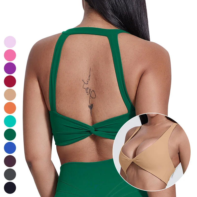 Front Twist Hollow Out Gathered Removable Pad Running Top Shockproof Sport Underwear Gym Fitness Yoga Bras Sports Bra For Women