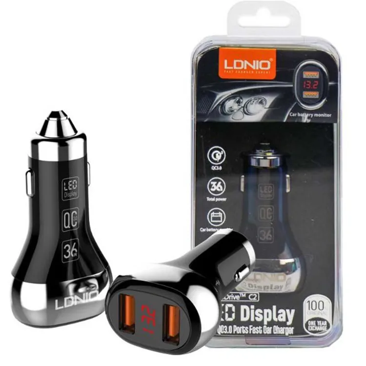 LDNIO C2 2 QC3.0 USB with Car Battery Voltage LED Display Quick Charging Car Charger