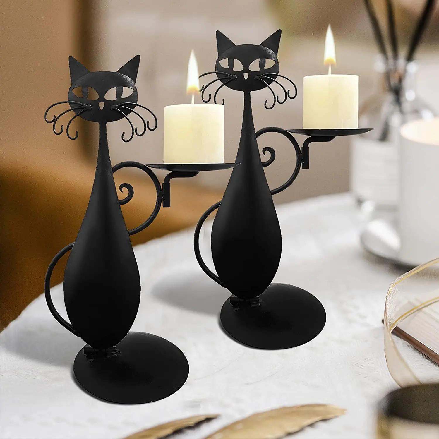 Black Cat Candlestick Candle Holder Set Vintage Retro Home Metal Decorate Wholesale