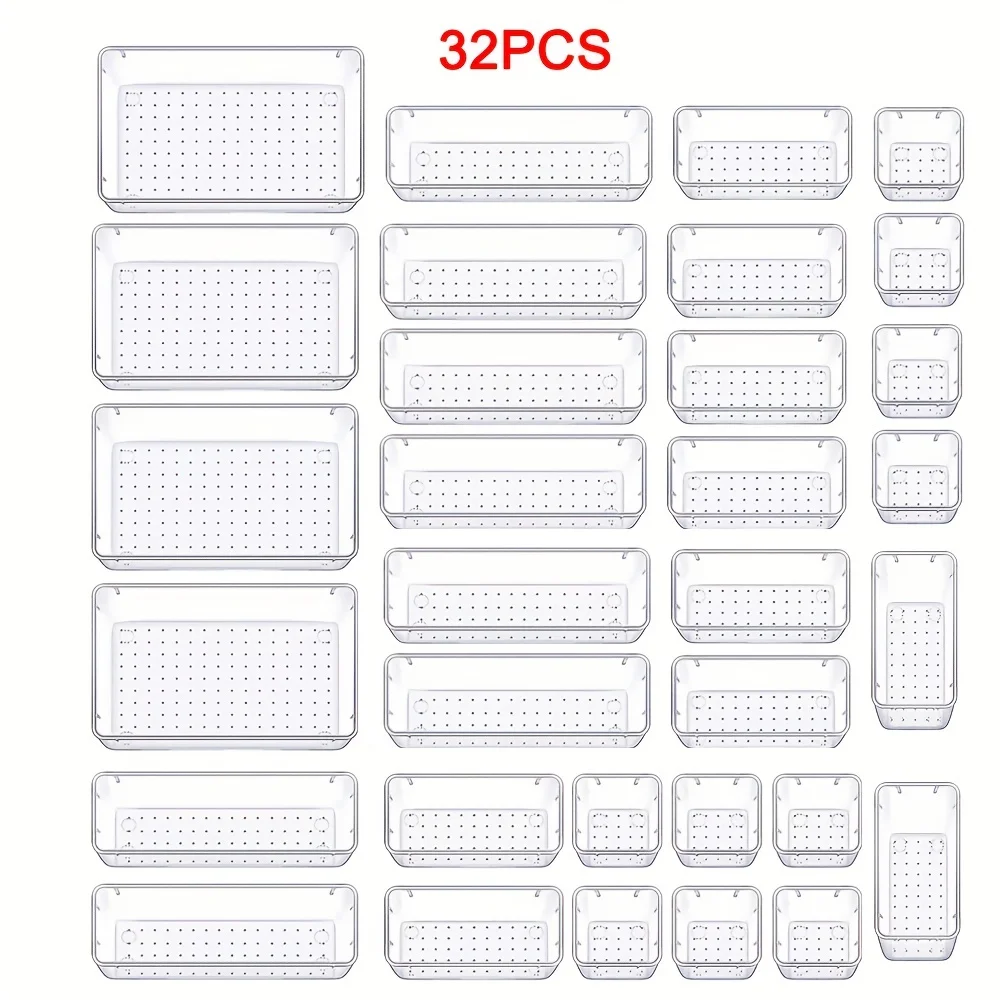 21/26/32pcs Clear Plastic Drawer Storage Boxes Durable Household Drawer Organizer Set For Utensils/Stationery/Makeup Items