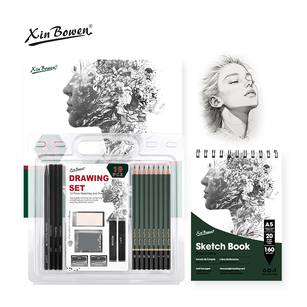 Xin Bowen Sketching Drawing Kit 19PCS Drawing Set Professional Sketching Charcoal Graphite Pencil Sharpener Art Sketch Pencil