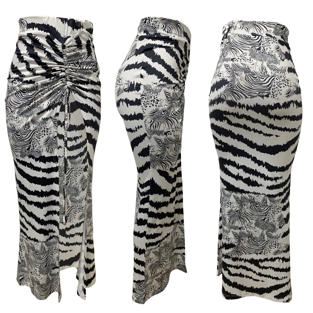 Summer New Style Print Contrast Color Pleated Long Skirt With Sexy High Split