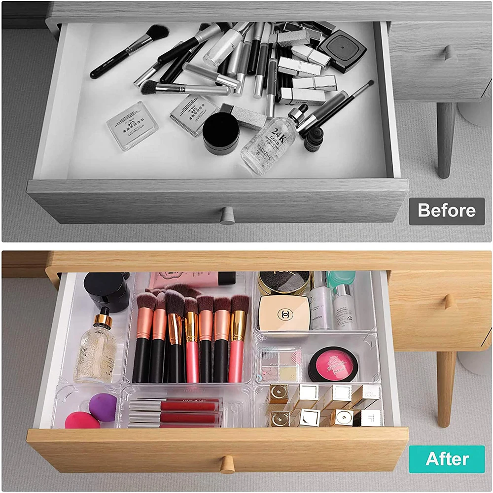 Customize Layout Desk Drawer Organizer Set 5-Size Desk Drawer Storage Bins Clear Plastic Multi-function Drawer Organizer Trays