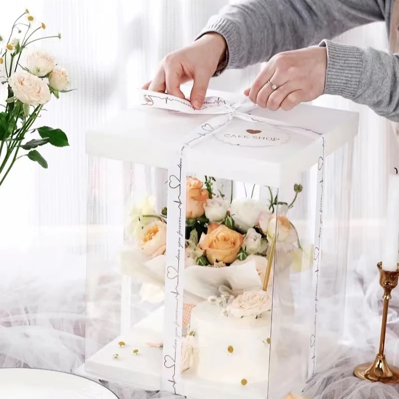 Luxury transparent container plastic clear customized gift paper packaging cake box paper box paper box with handle