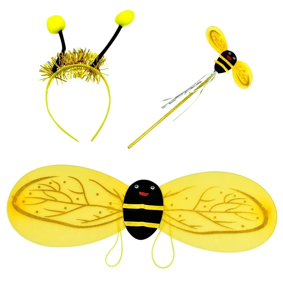 Halloween Children Bee Costume Set Bee Wings Fairy Wand Headband Dress Costume Set for Girls Bee Cosplay Role Play