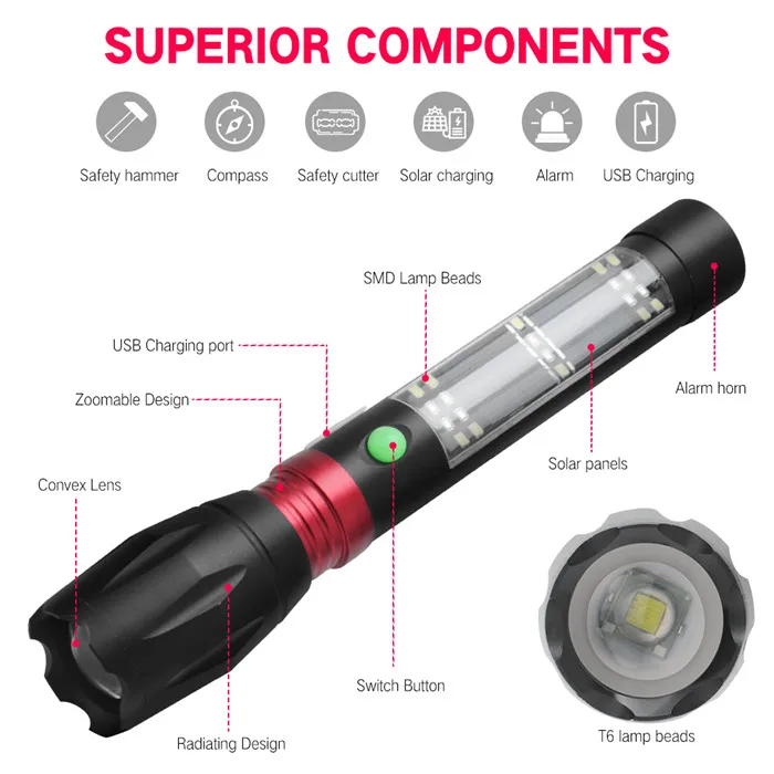 Zoomable T6 + 20 SMD LED Flashlight Solar power Torch Portable handheld USB rechargeable LED Torch Light with Alarm for Camping