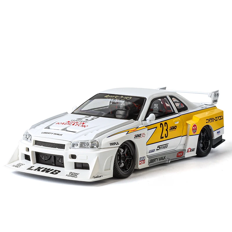 1/24 Nissan GTR R34 Skyline LBWK FDJ Silvia S15 JDM, Металлическая Модель гоночного автомобиля с отодвинутой звуковой подсветкой, подарок для мальчиков