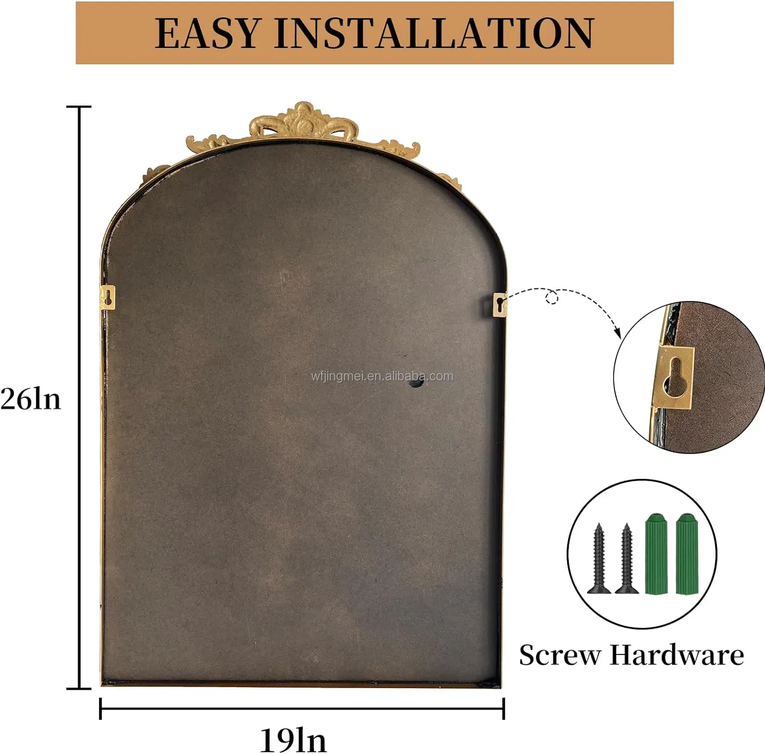 Gold Traditional Arched Mirror, Antique Brass Mirror, Vintage Ornate Baroque Mirror, Carved Mantel Mirrors for Bathroom