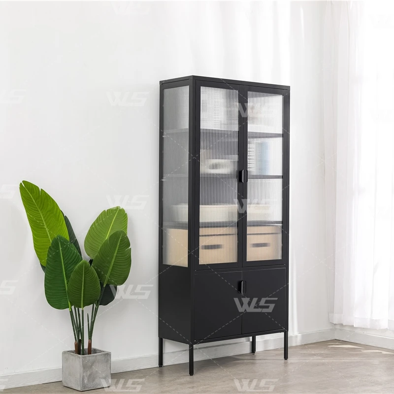 High quality household cabinet metal  bookcase storage cabinet display cupboard with glass door for  living room furniture